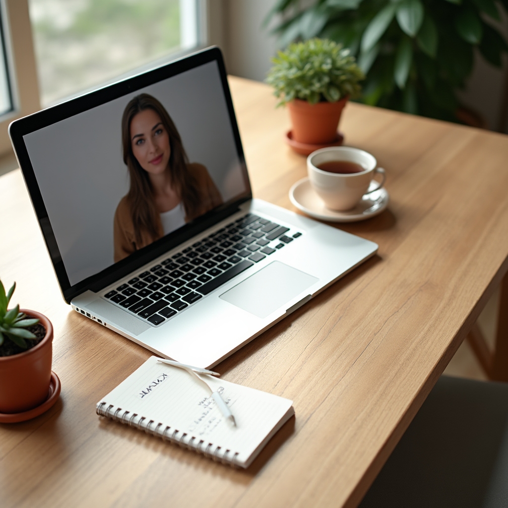 Desk setup with a laptop and notebook prepared for an online consultation call