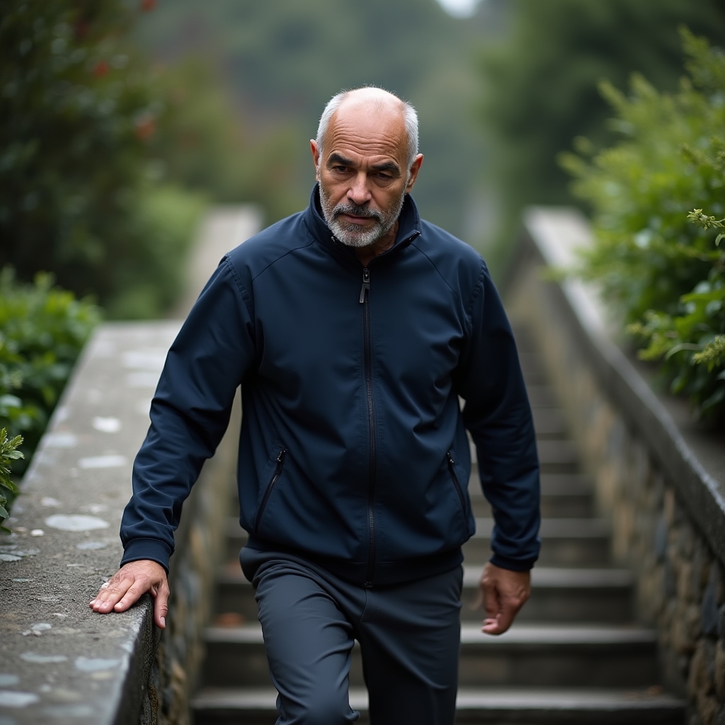 Man walking up an outdoor staircase demonstrating everyday stair climbing movement