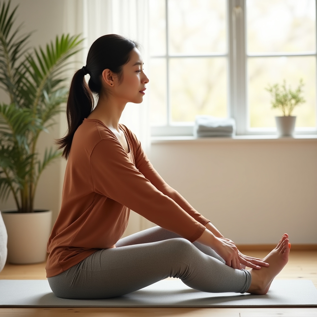 Woman performing a gentle mobility warm up stretch on a mat near a window
