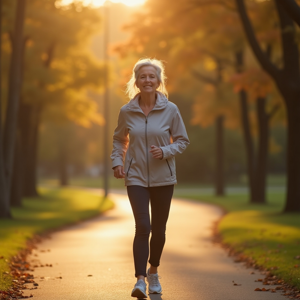 Older adult walking briskly outdoors on a paved path during golden hour light